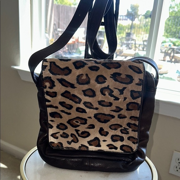 Sven Handbags - Vintage Sven Handbag Brown Leather Crossbody Bag with Leopard Print Flap USA